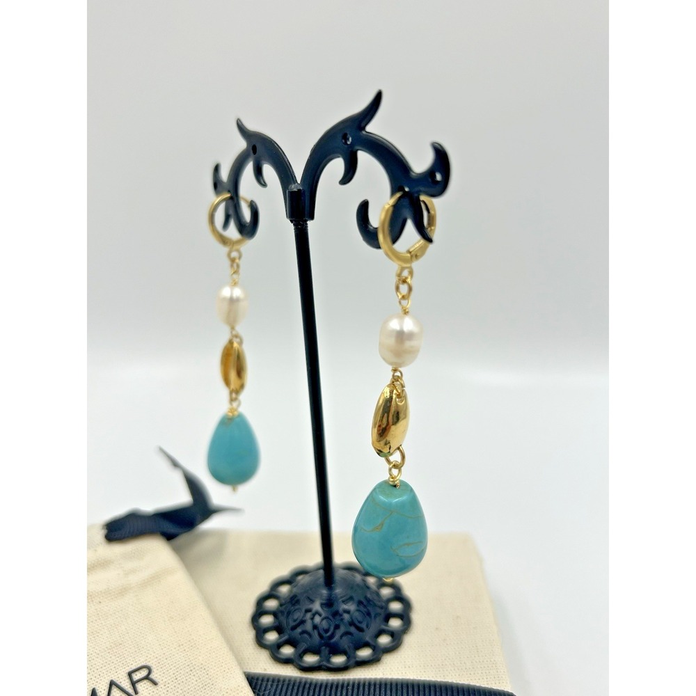 Mayamar Gold Plated Faux Pearls and Faux Turquoise Stone Drop Earrings - Picture 3 of 5